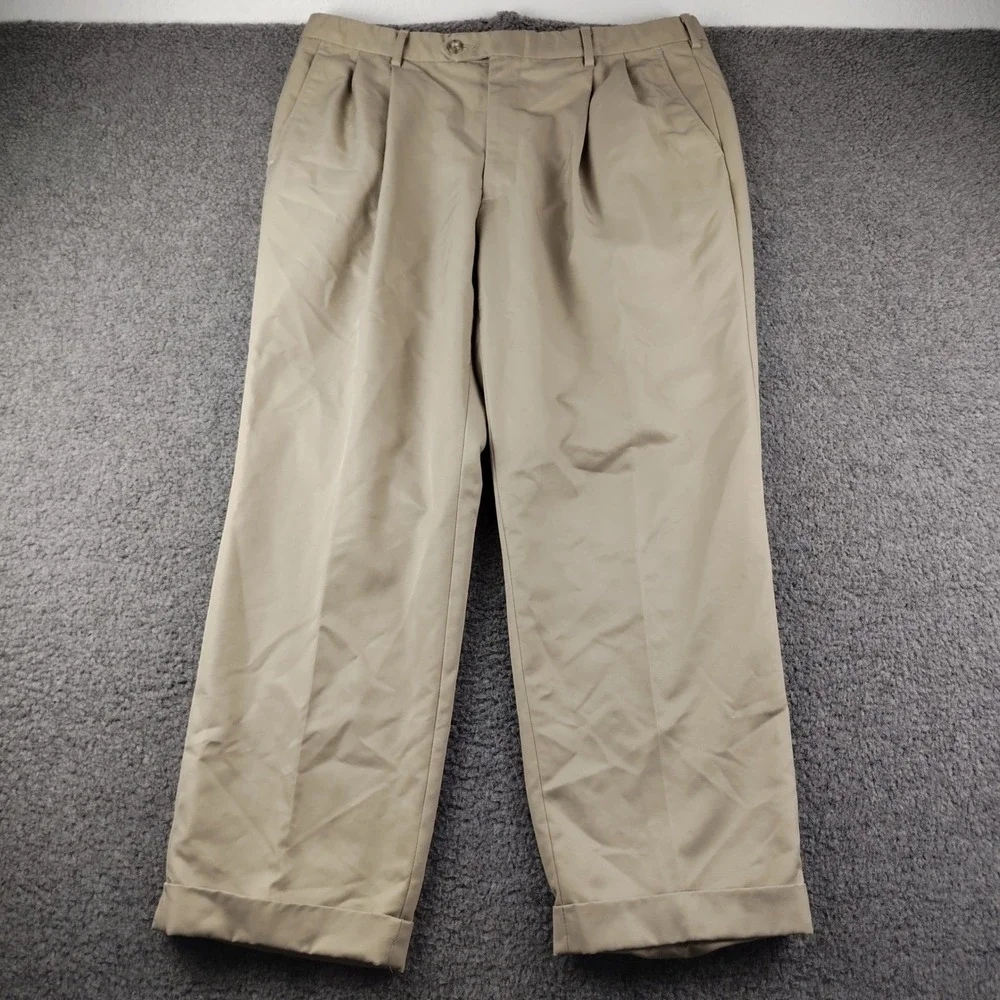 Berle Mens Pleated Chino Pants Khaki Tan Cuffed Twill Trousers 37x27.5